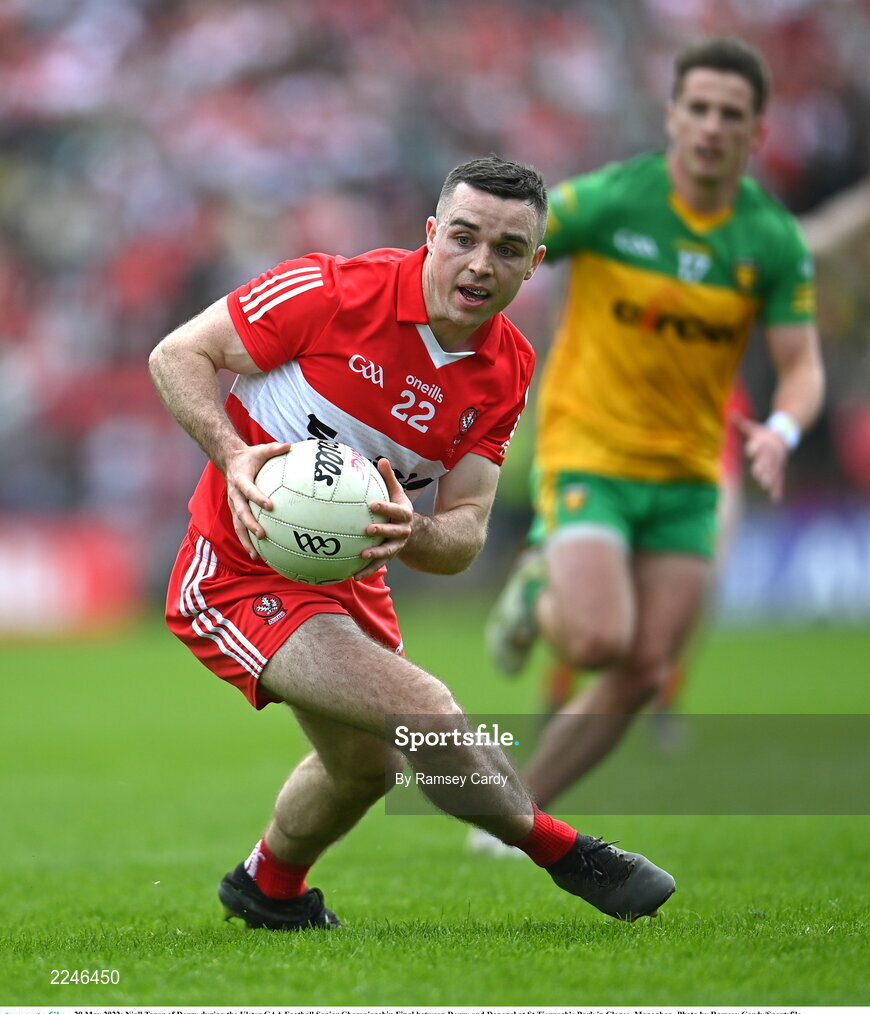 29 May 2022; Niall Toner of Derry during the Ulster GAA Football Senior Championship Final between Derry and Donegal at St Tiernach's Park in Clones, Monaghan. Photo by Ramsey Cardy/Sportsfile