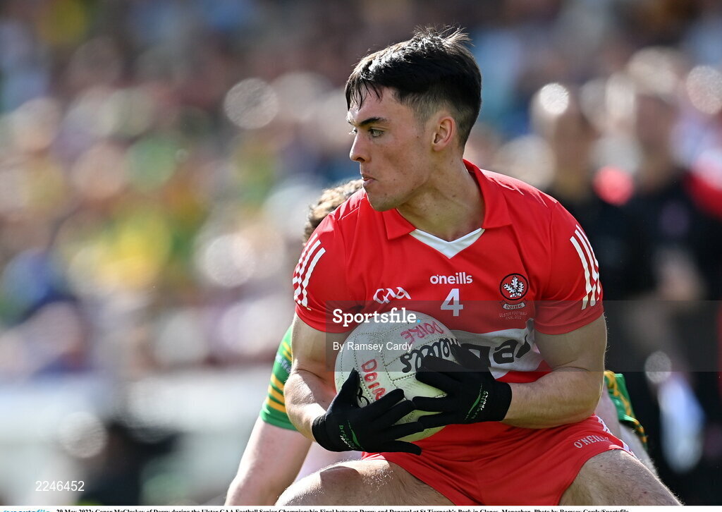 29 May 2022; Conor McCluskey of Derry during the Ulster GAA Football Senior Championship Final between Derry and Donegal at St Tiernach's Park in Clones, Monaghan. Photo by Ramsey Cardy/Sportsfile