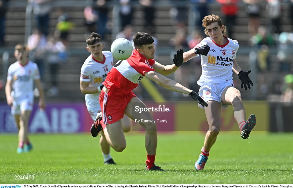 29 May 2022; Conor O'Neill of Tyrone in action against Odhran Crozier of Derry during the Electric Ireland Ulster GAA Football Minor Championship Final match between Derry and Tyrone at St Tiernach's Park in Clones, Monaghan. Photo by Ramsey Cardy/Sportsfile