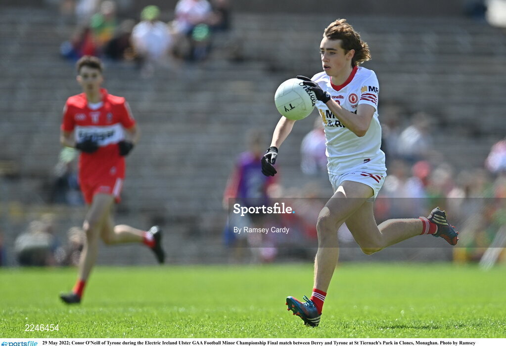29 May 2022; Conor O'Neill of Tyrone during the Electric Ireland Ulster GAA Football Minor Championship Final match between Derry and Tyrone at St Tiernach's Park in Clones, Monaghan. Photo by Ramsey Cardy/Sportsfile