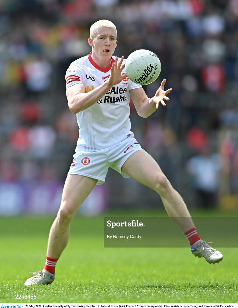 29 May 2022; Caolan Donnelly of Tyrone during the Electric Ireland Ulster GAA Football Minor Championship Final match between Derry and Tyrone at St Tiernach's Park in Clones, Monaghan. Photo by Ramsey Cardy/Sportsfile