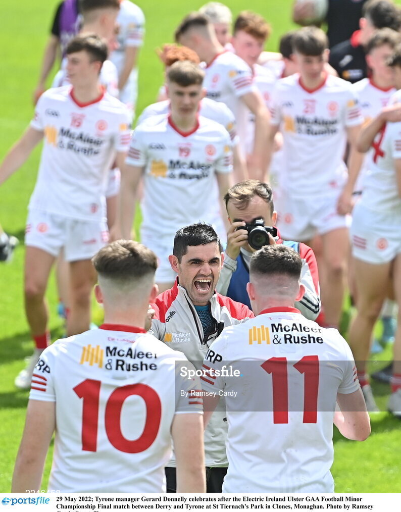 29 May 2022; Tyrone manager Gerard Donnelly celebrates after the Electric Ireland Ulster GAA Football Minor Championship Final match between Derry and Tyrone at St Tiernach's Park in Clones, Monaghan. Photo by Ramsey Cardy/Sportsfile