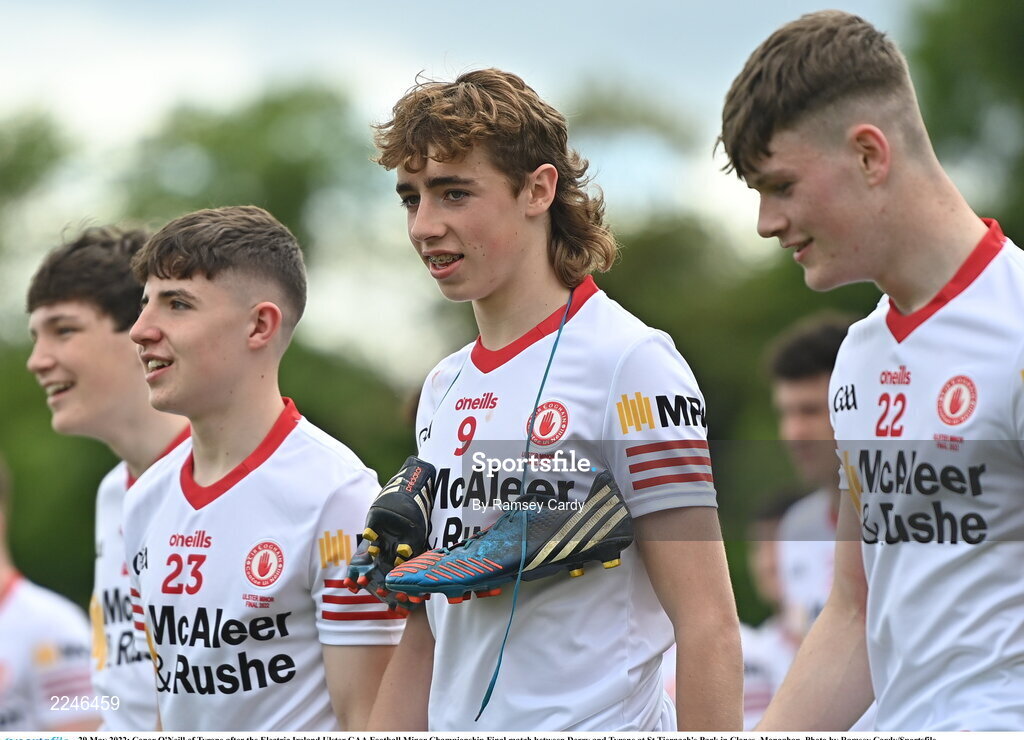 29 May 2022; Conor O'Neill of Tyrone after the Electric Ireland Ulster GAA Football Minor Championship Final match between Derry and Tyrone at St Tiernach's Park in Clones, Monaghan. Photo by Ramsey Cardy/Sportsfile