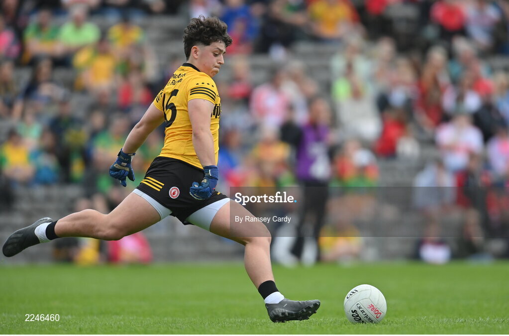 29 May 2022; Tyrone goalkeeper Conor McGarvey during the Electric Ireland Ulster GAA Football Minor Championship Final match between Derry and Tyrone at St Tiernach's Park in Clones, Monaghan. Photo by Ramsey Cardy/Sportsfile
