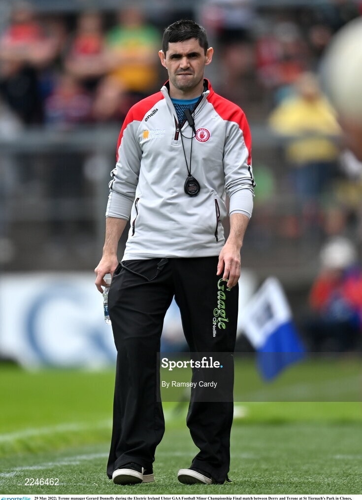 29 May 2022; Tyrone manager Gerard Donnelly during the Electric Ireland Ulster GAA Football Minor Championship Final match between Derry and Tyrone at St Tiernach's Park in Clones, Monaghan. Photo by Ramsey Cardy/Sportsfile