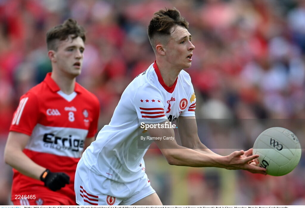 29 May 2022; Conan Devlin of Tyrone during the Electric Ireland Ulster GAA Football Minor Championship Final match between Derry and Tyrone at St Tiernach's Park in Clones, Monaghan. Photo by Ramsey Cardy/Sportsfile