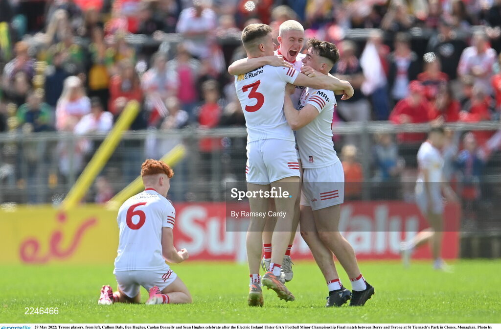 29 May 2022; Tyrone players, from left, Callum Daly, Ben Hughes, Caolan Donnelly and Sean Hughes celebrate after the Electric Ireland Ulster GAA Football Minor Championship Final match between Derry and Tyrone at St Tiernach's Park in Clones, Monaghan. Photo by Ramsey Cardy/Sportsfile