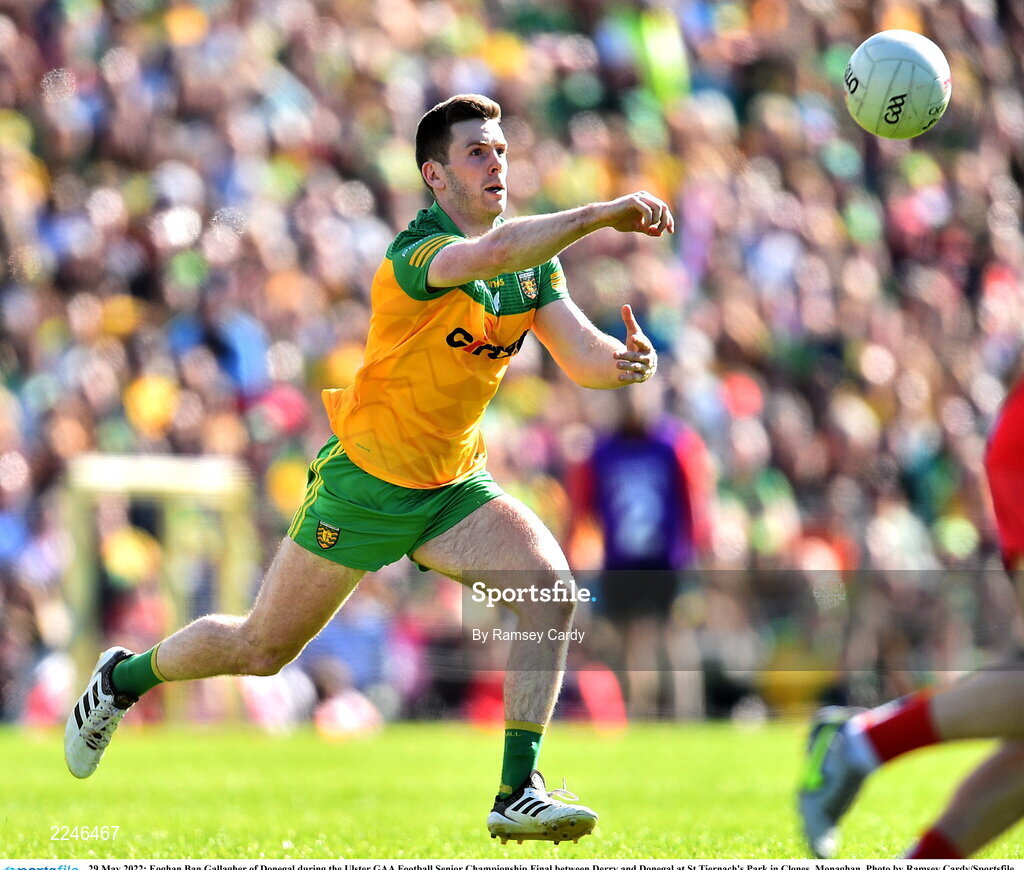 29 May 2022; Eoghan Ban Gallagher of Donegal during the Ulster GAA Football Senior Championship Final between Derry and Donegal at St Tiernach's Park in Clones, Monaghan. Photo by Ramsey Cardy/Sportsfile