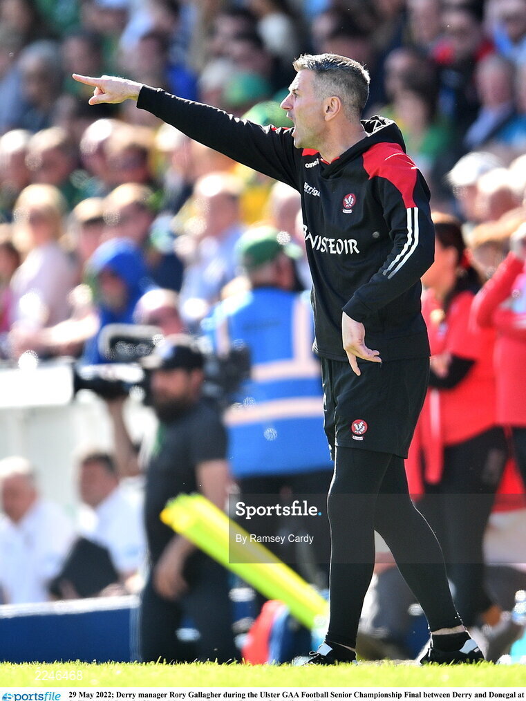 29 May 2022; Derry manager Rory Gallagher during the Ulster GAA Football Senior Championship Final between Derry and Donegal at St Tiernach's Park in Clones, Monaghan. Photo by Ramsey Cardy/Sportsfile