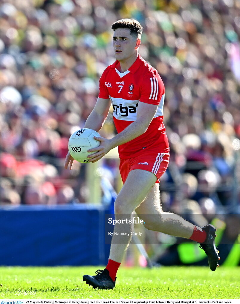 29 May 2022; Padraig McGrogan of Derry during the Ulster GAA Football Senior Championship Final between Derry and Donegal at St Tiernach's Park in Clones, Monaghan. Photo by Ramsey Cardy/Sportsfile