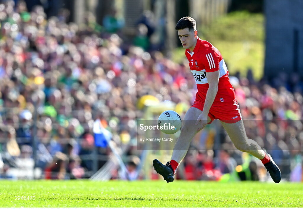 29 May 2022; Padraig McGrogan of Derry during the Ulster GAA Football Senior Championship Final between Derry and Donegal at St Tiernach's Park in Clones, Monaghan. Photo by Ramsey Cardy/Sportsfile