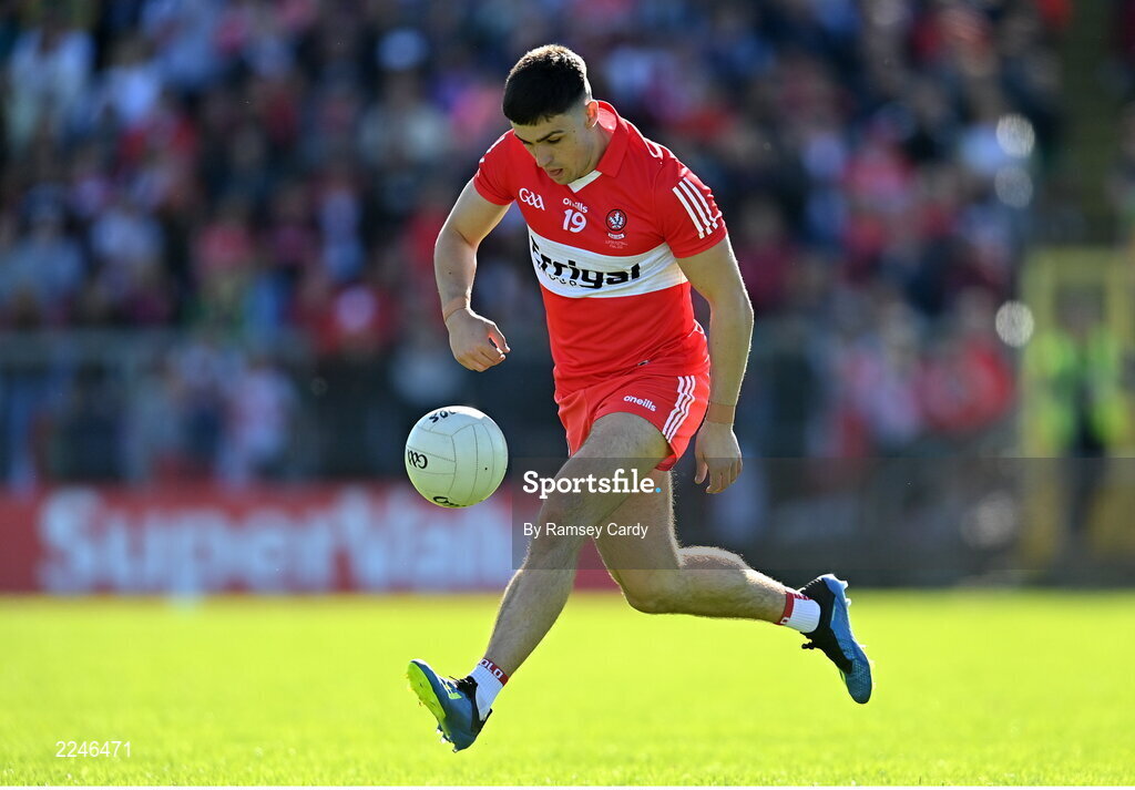 29 May 2022; Ben McCarron of Derry during the Ulster GAA Football Senior Championship Final between Derry and Donegal at St Tiernach's Park in Clones, Monaghan. Photo by Ramsey Cardy/Sportsfile
