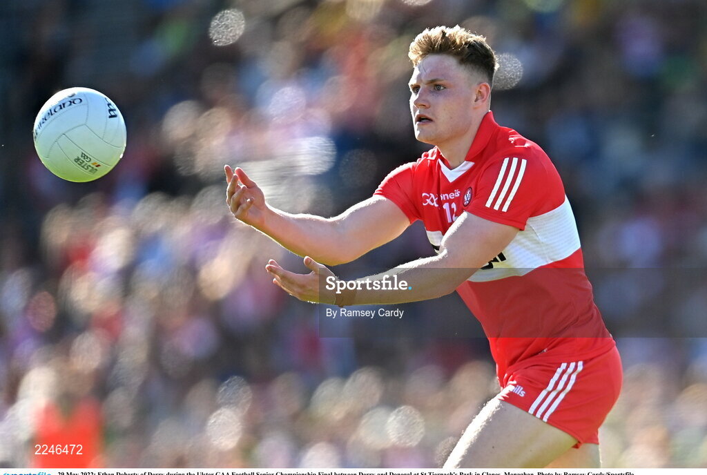 29 May 2022; Ethan Doherty of Derry during the Ulster GAA Football Senior Championship Final between Derry and Donegal at St Tiernach's Park in Clones, Monaghan. Photo by Ramsey Cardy/Sportsfile