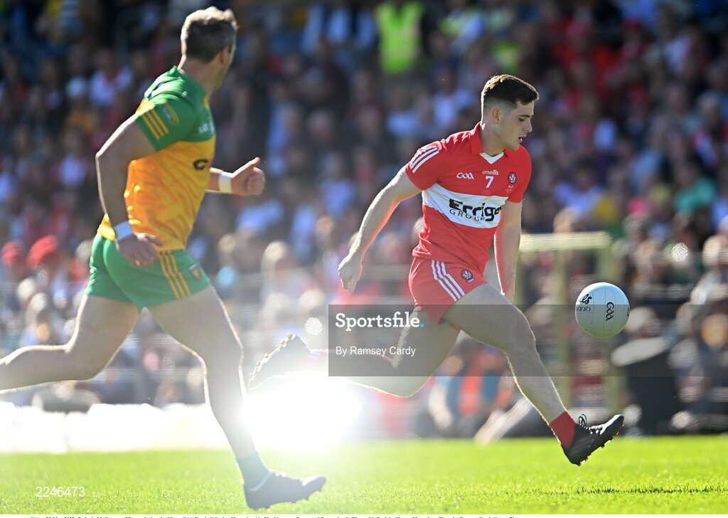 29 May 2022; Padraig McGrogan of Derry during the Ulster GAA Football Senior Championship Final between Derry and Donegal at St Tiernach's Park in Clones, Monaghan. Photo by Ramsey Cardy/Sportsfile