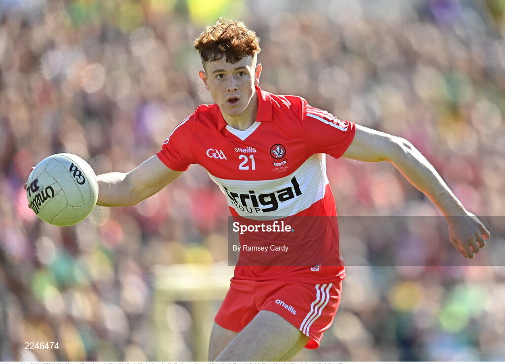 29 May 2022; Lachlan Murray of Derry during the Ulster GAA Football Senior Championship Final between Derry and Donegal at St Tiernach's Park in Clones, Monaghan. Photo by Ramsey Cardy/Sportsfile