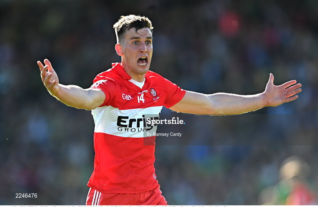 29 May 2022; Shane McGuigan of Derry during the Ulster GAA Football Senior Championship Final between Derry and Donegal at St Tiernach's Park in Clones, Monaghan. Photo by Ramsey Cardy/Sportsfile