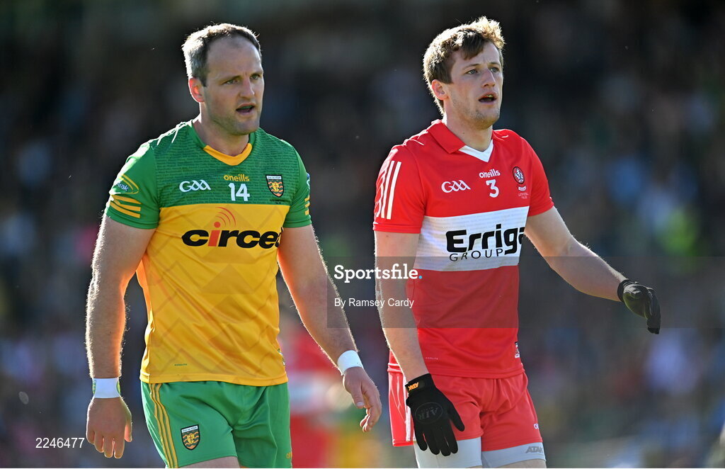 29 May 2022; Michael Murphy of Donegal and Brendan Rogers of Derry during the Ulster GAA Football Senior Championship Final between Derry and Donegal at St Tiernach's Park in Clones, Monaghan. Photo by Ramsey Cardy/Sportsfile