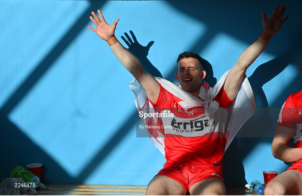 29 May 2022; Shea Downey of Derry after the Ulster GAA Football Senior Championship Final between Derry and Donegal at St Tiernach's Park in Clones, Monaghan. Photo by Ramsey Cardy/Sportsfile