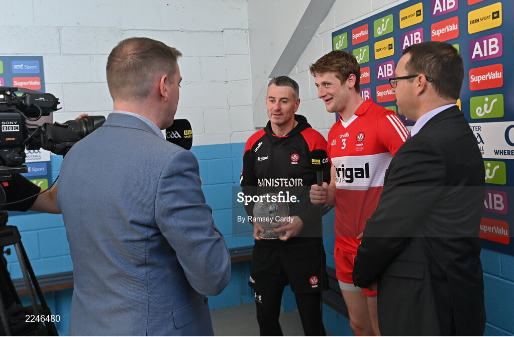 29 May 2022; Derry manager Rory Gallagher and Brendan Rogers of Derry are interviewed by Thomas Kane of BBC Northern Ireland after the Ulster GAA Football Senior Championship Final between Derry and Donegal at St Tiernach's Park in Clones, Monaghan. Photo by Ramsey Cardy/Sportsfile