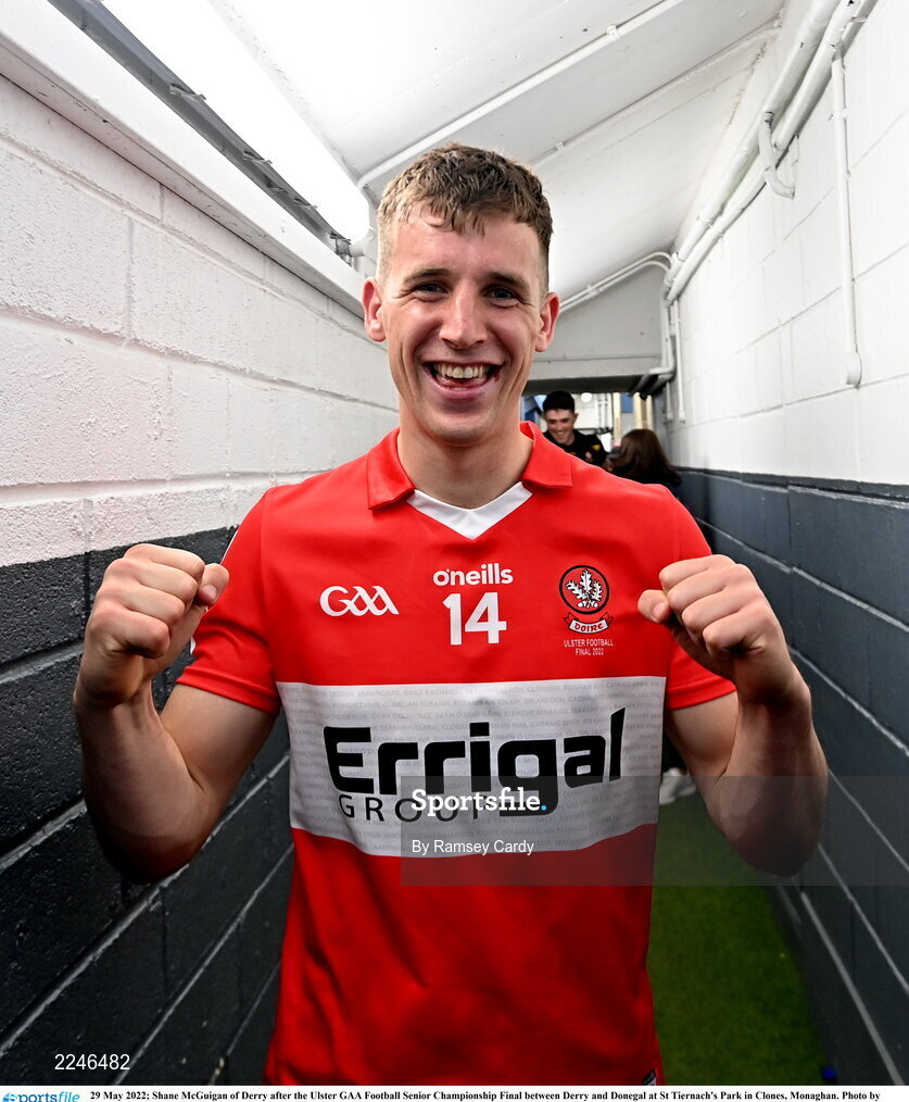 29 May 2022; Shane McGuigan of Derry after the Ulster GAA Football Senior Championship Final between Derry and Donegal at St Tiernach's Park in Clones, Monaghan. Photo by Ramsey Cardy/Sportsfile