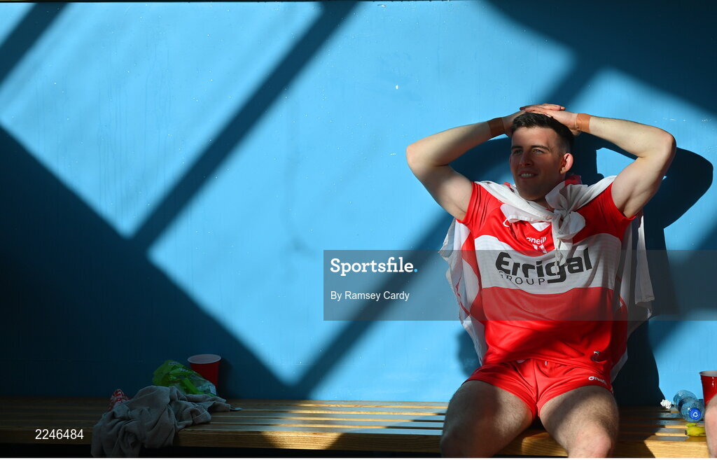 29 May 2022; Shea Downey of Derry after the Ulster GAA Football Senior Championship Final between Derry and Donegal at St Tiernach's Park in Clones, Monaghan. Photo by Ramsey Cardy/Sportsfile