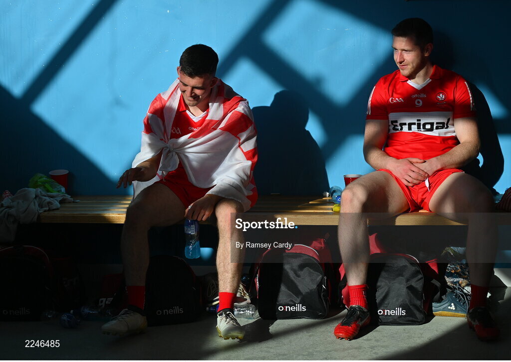 29 May 2022; Shea Downey, left, and Emmett Bradley of Derry after the Ulster GAA Football Senior Championship Final between Derry and Donegal at St Tiernach's Park in Clones, Monaghan. Photo by Ramsey Cardy/Sportsfile