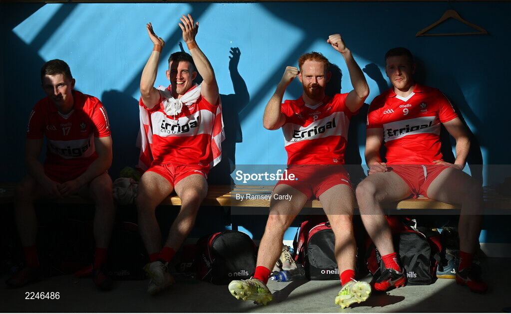 29 May 2022; Derry players, from left, Paul McNeil, Shea Downey, Conor Glass and Emmett Bradley in the dressing room after the Ulster GAA Football Senior Championship Final between Derry and Donegal at St Tiernach's Park in Clones, Monaghan. Photo by Ramsey Cardy/Sportsfile