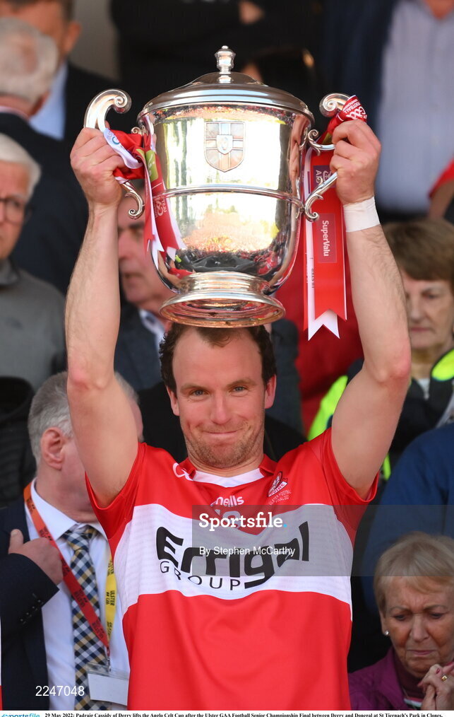 29 May 2022; Padraig Cassidy of Derry lifts the Anglo Celt Cup after the Ulster GAA Football Senior Championship Final between Derry and Donegal at St Tiernach's Park in Clones, Monaghan. Photo by Stephen McCarthy/Sportsfile
