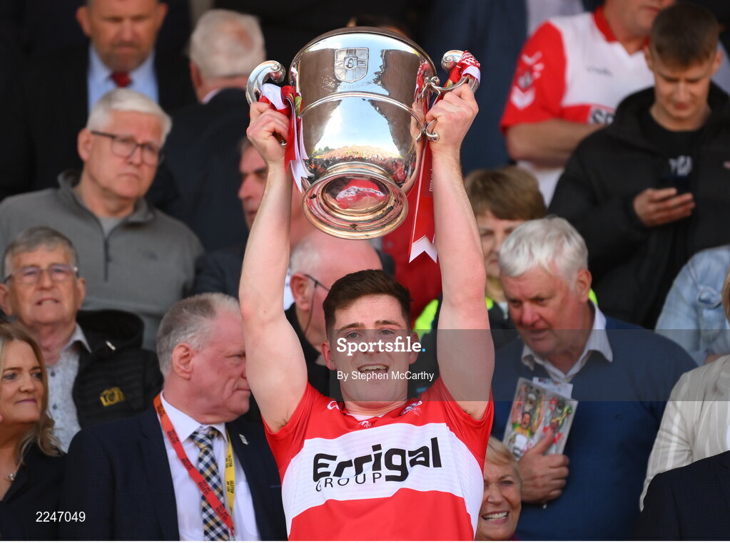 29 May 2022; Padraig McGrogan of Derry lifts the Anglo Celt Cup after the Ulster GAA Football Senior Championship Final between Derry and Donegal at St Tiernach's Park in Clones, Monaghan. Photo by Stephen McCarthy/Sportsfile