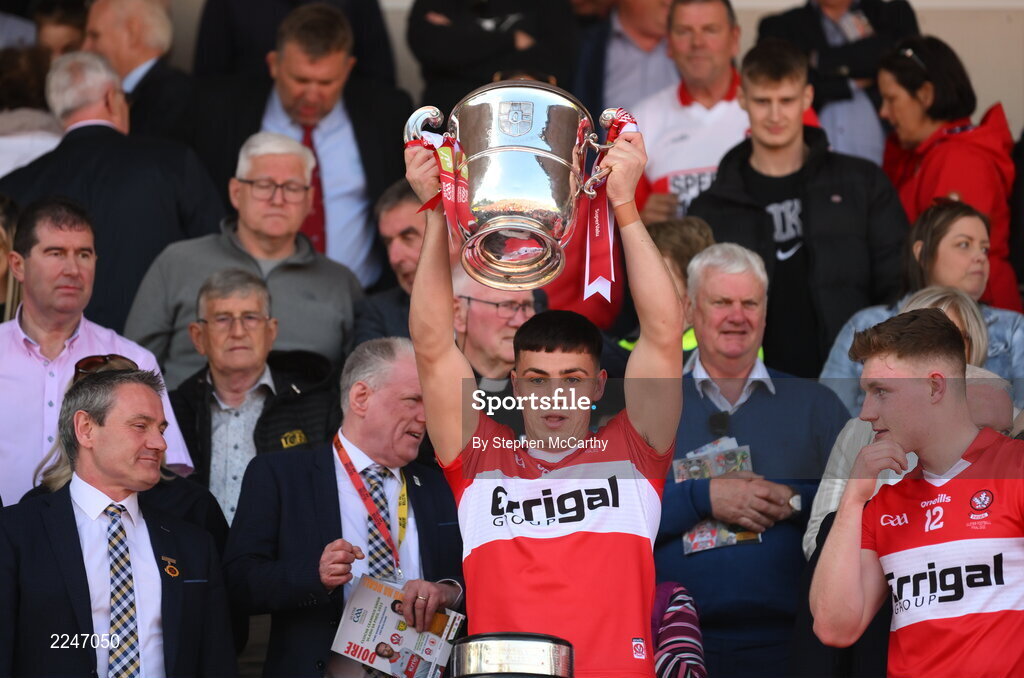 29 May 2022; Ben McCarron of Derry lifts the Anglo Celt Cup after the Ulster GAA Football Senior Championship Final between Derry and Donegal at St Tiernach's Park in Clones, Monaghan. Photo by Stephen McCarthy/Sportsfile