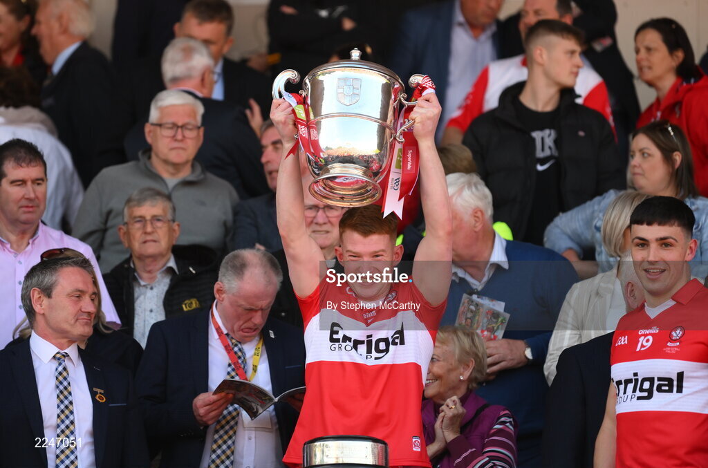29 May 2022; Declan Cassidy of Derry lifts the Anglo Celt Cup after the Ulster GAA Football Senior Championship Final between Derry and Donegal at St Tiernach's Park in Clones, Monaghan. Photo by Stephen McCarthy/Sportsfile
