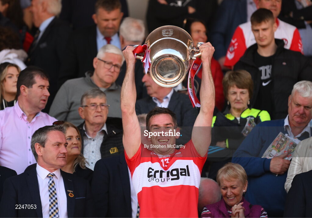 29 May 2022; Benny Heron of Derry lifts the Anglo Celt Cup after the Ulster GAA Football Senior Championship Final between Derry and Donegal at St Tiernach's Park in Clones, Monaghan. Photo by Stephen McCarthy/Sportsfile
