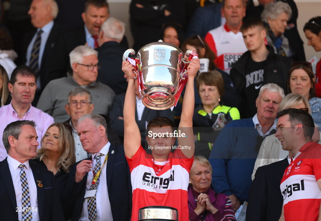 29 May 2022; Mark Doherty of Derry lifts the Anglo Celt Cup after the Ulster GAA Football Senior Championship Final between Derry and Donegal at St Tiernach's Park in Clones, Monaghan. Photo by Stephen McCarthy/Sportsfile