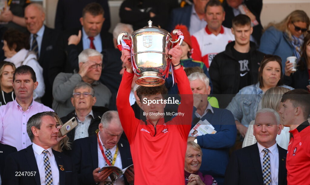 29 May 2022; Eoin McEvoy of Derry lifts the Anglo Celt Cup after the Ulster GAA Football Senior Championship Final between Derry and Donegal at St Tiernach's Park in Clones, Monaghan. Photo by Stephen McCarthy/Sportsfile