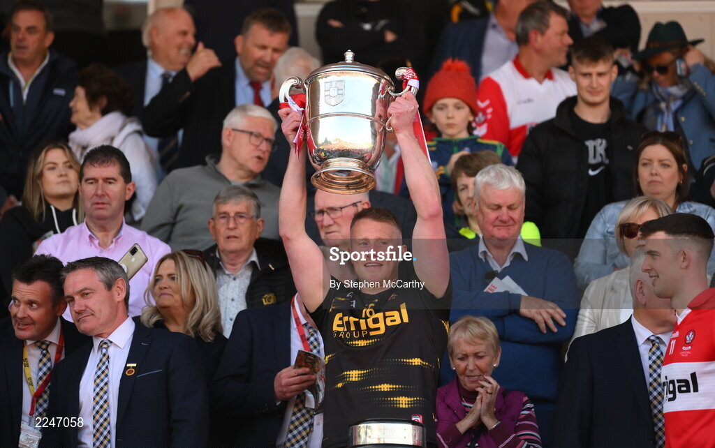 29 May 2022; Conlann Bradley of Derry lifts the Anglo Celt Cup after the Ulster GAA Football Senior Championship Final between Derry and Donegal at St Tiernach's Park in Clones, Monaghan. Photo by Stephen McCarthy/Sportsfile