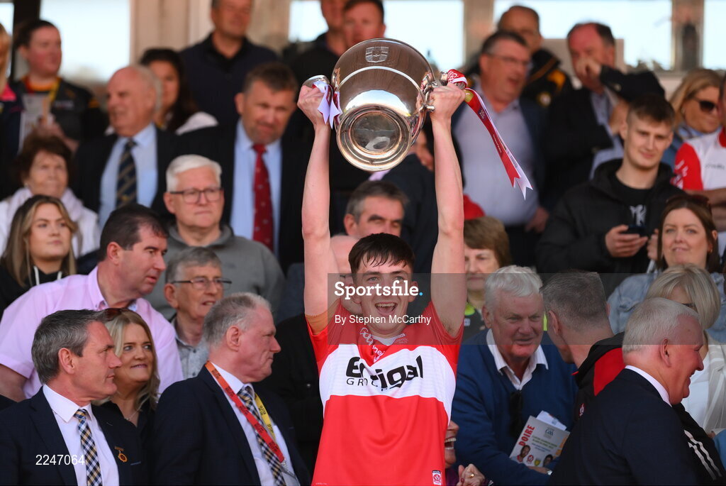 29 May 2022; Paul Cassidy of Derry lifts the Anglo Celt Cup after the Ulster GAA Football Senior Championship Final between Derry and Donegal at St Tiernach's Park in Clones, Monaghan. Photo by Stephen McCarthy/Sportsfile