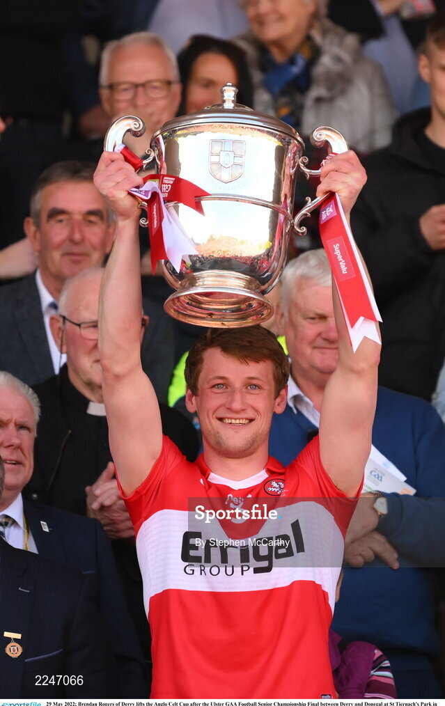 29 May 2022; Brendan Rogers of Derry lifts the Anglo Celt Cup after the Ulster GAA Football Senior Championship Final between Derry and Donegal at St Tiernach's Park in Clones, Monaghan. Photo by Stephen McCarthy/Sportsfile