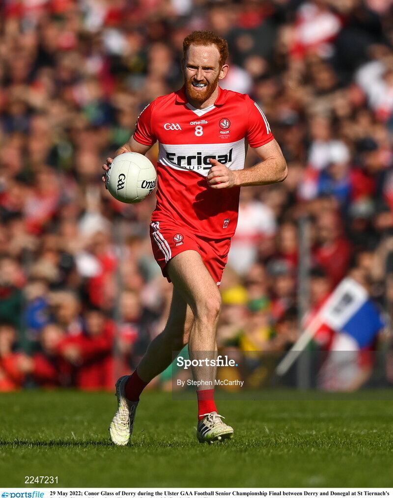 29 May 2022; Conor Glass of Derry during the Ulster GAA Football Senior Championship Final between Derry and Donegal at St Tiernach's Park in Clones, Monaghan. Photo by Stephen McCarthy/Sportsfile