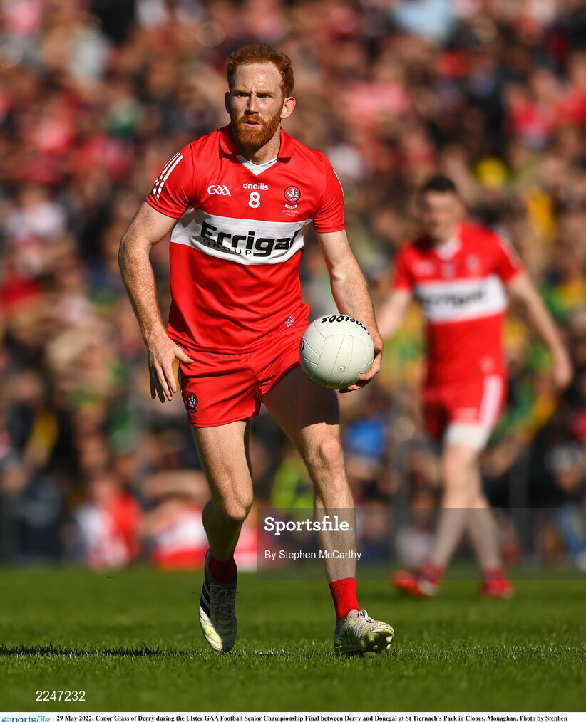 29 May 2022; Conor Glass of Derry during the Ulster GAA Football Senior Championship Final between Derry and Donegal at St Tiernach's Park in Clones, Monaghan. Photo by Stephen McCarthy/Sportsfile