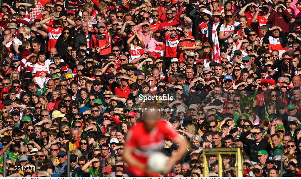 29 May 2022; Supporters during the Ulster GAA Football Senior Championship Final between Derry and Donegal at St Tiernach's Park in Clones, Monaghan. Photo by Stephen McCarthy/Sportsfile