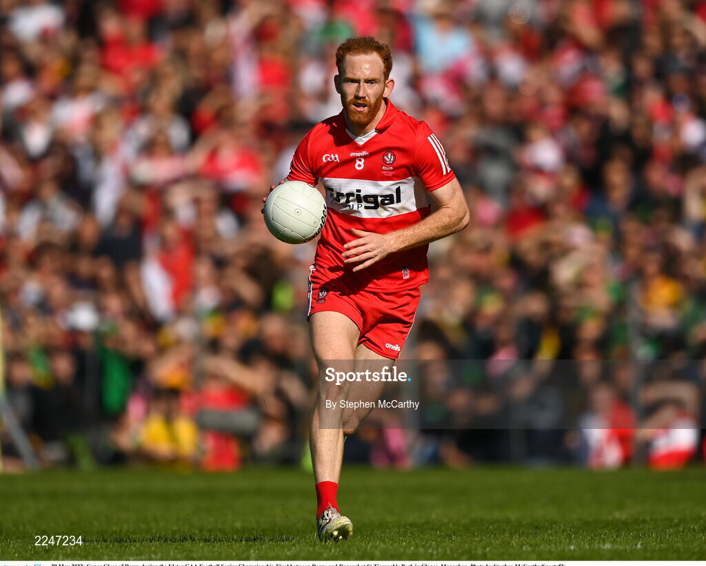 29 May 2022; Conor Glass of Derry during the Ulster GAA Football Senior Championship Final between Derry and Donegal at St Tiernach's Park in Clones, Monaghan. Photo by Stephen McCarthy/Sportsfile