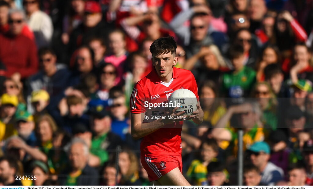 29 May 2022; Paul Cassidy of Derry during the Ulster GAA Football Senior Championship Final between Derry and Donegal at St Tiernach's Park in Clones, Monaghan. Photo by Stephen McCarthy/Sportsfile