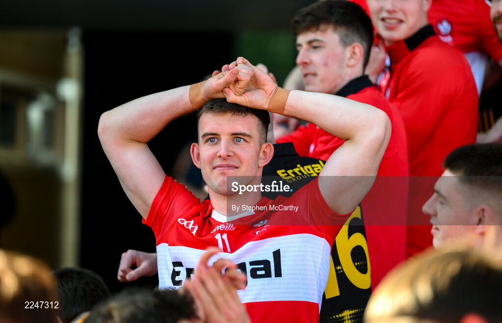 29 May 2022; Shea Downey of Derry after the Ulster GAA Football Senior Championship Final between Derry and Donegal at St Tiernach's Park in Clones, Monaghan. Photo by Stephen McCarthy/Sportsfile