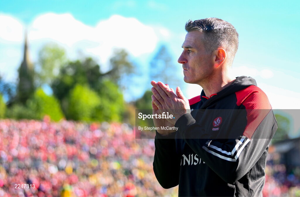29 May 2022; Derry manager Rory Gallagher during the Ulster GAA Football Senior Championship Final between Derry and Donegal at St Tiernach's Park in Clones, Monaghan. Photo by Stephen McCarthy/Sportsfile