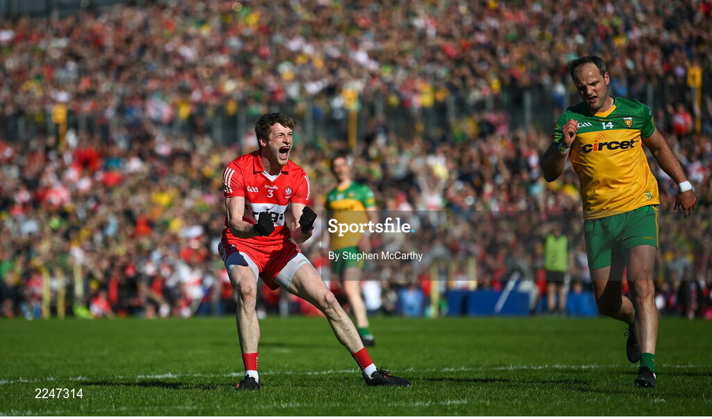 29 May 2022; Brendan Rogers of Derry celebrates scoring a point in extra-time of the Ulster GAA Football Senior Championship Final between Derry and Donegal at St Tiernach's Park in Clones, Monaghan. Photo by Stephen McCarthy/Sportsfile