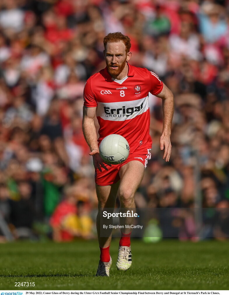 29 May 2022; Conor Glass of Derry during the Ulster GAA Football Senior Championship Final between Derry and Donegal at St Tiernach's Park in Clones, Monaghan. Photo by Stephen McCarthy/Sportsfile