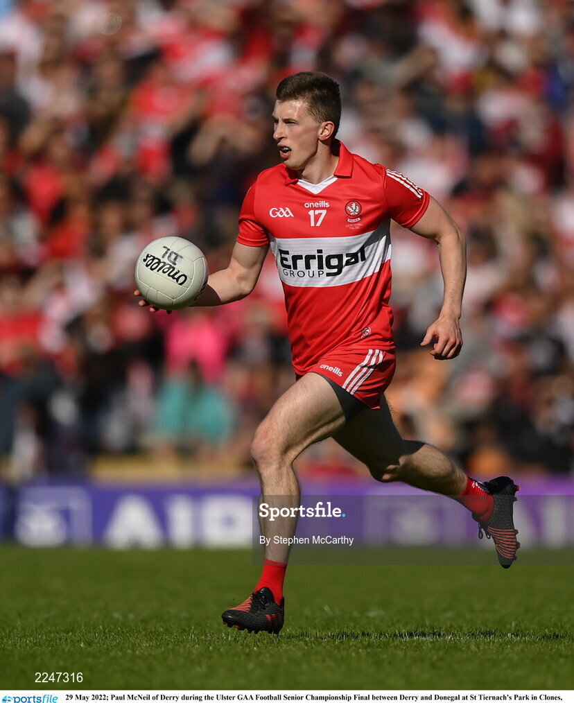 29 May 2022; Paul McNeil of Derry during the Ulster GAA Football Senior Championship Final between Derry and Donegal at St Tiernach's Park in Clones, Monaghan. Photo by Stephen McCarthy/Sportsfile