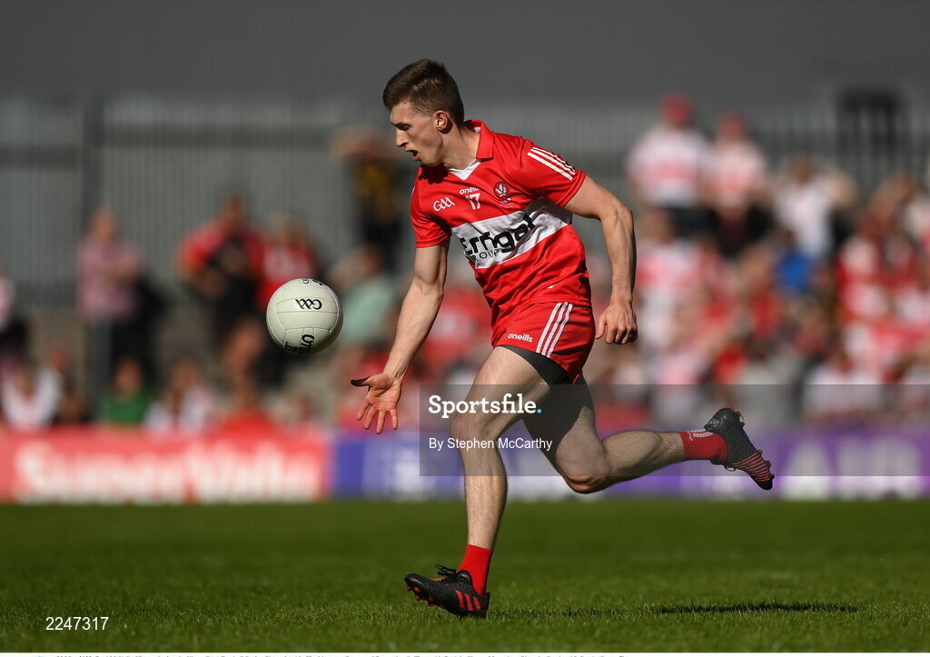 29 May 2022; Paul McNeil of Derry during the Ulster GAA Football Senior Championship Final between Derry and Donegal at St Tiernach's Park in Clones, Monaghan. Photo by Stephen McCarthy/Sportsfile