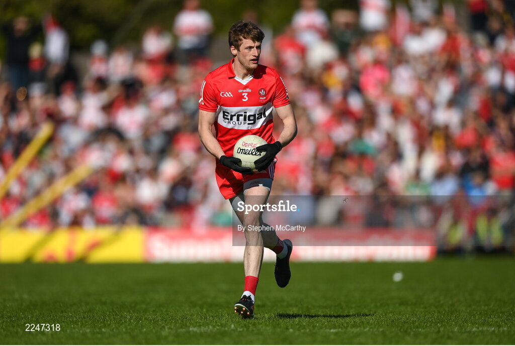 29 May 2022; Brendan Rogers of Derry during the Ulster GAA Football Senior Championship Final between Derry and Donegal at St Tiernach's Park in Clones, Monaghan. Photo by Stephen McCarthy/Sportsfile