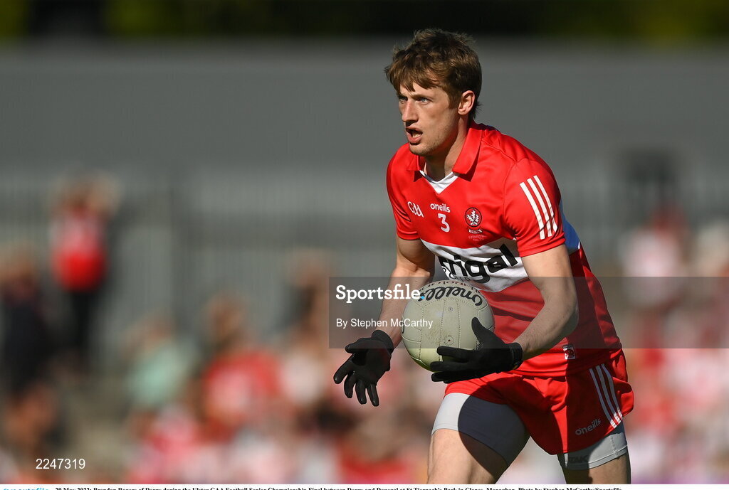29 May 2022; Brendan Rogers of Derry during the Ulster GAA Football Senior Championship Final between Derry and Donegal at St Tiernach's Park in Clones, Monaghan. Photo by Stephen McCarthy/Sportsfile